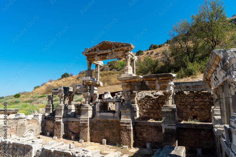 Side view of Nymphaeum Traiani, Fountain of Trajan in ancient city Ephesus, Izmir province, Turkey.  