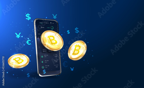 Crypto currency, virtual electronic, internet money. Bitcoin currency. Crypto coin with growth chart. International stock exchange. Network bitcoin marketing vector banner.