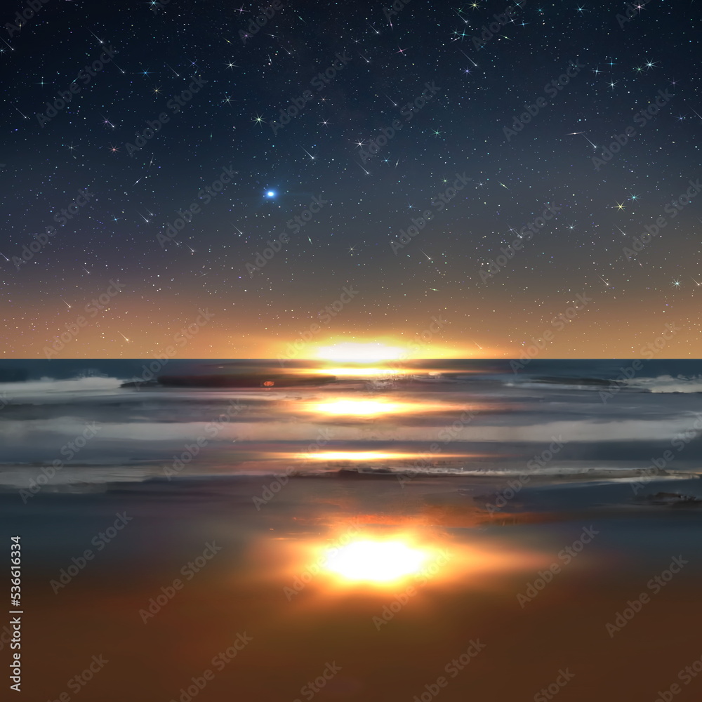 sunset reflection at sea water beach sand night blue starry sky and moon , nebula on sea beautiful seascape milky way universe template background copy space sunset reflection at sea water beach sand night blue starry sky and moon , nebula on sea beautiful seascape milky way universe template background copy space