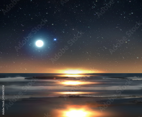 sunset reflection at sea water  beach sand night blue starry sky and moon   nebula on sea beautiful seascape milky way universe template background copy space