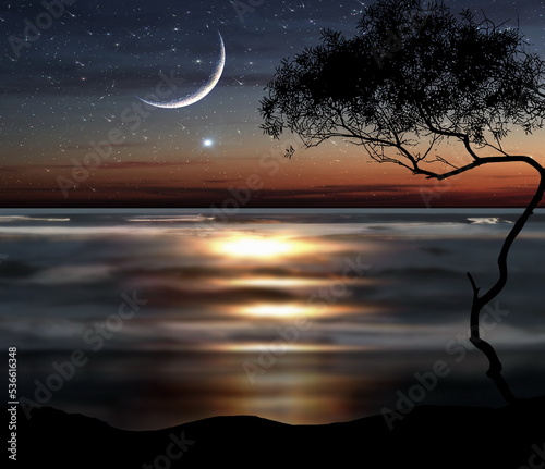 sunset reflection at sea water  beach sand night blue starry sky and moon , nebula on sea beautiful seascape milky way universe template background copy space