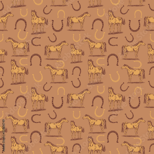 horse illustration horseshoe graphic vintage design seamless pattern