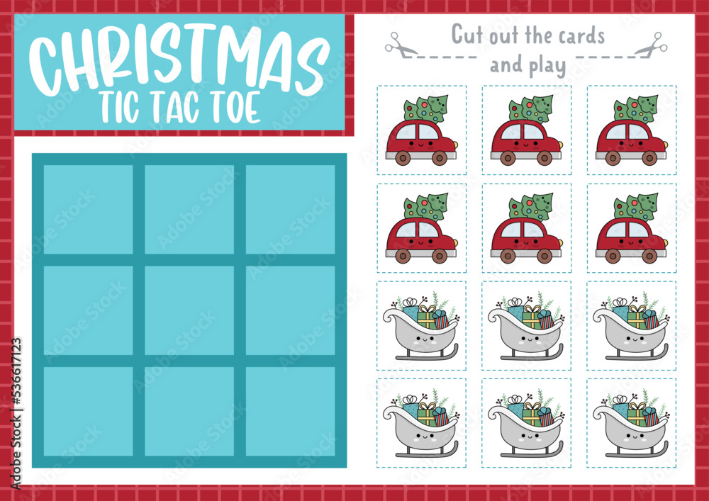 Vector Christmas tic tac toe chart with sledge, car, fir tree. New Year board game playing field with cute kawaii characters. Funny winter holiday printable worksheet. Noughts and crosses grid . Vector Christmas tic tac toe chart with sledge, car, fir tree. New Year board game playing field with cute kawaii characters. Funny winter holiday printable worksheet. Noughts and crosses grid .