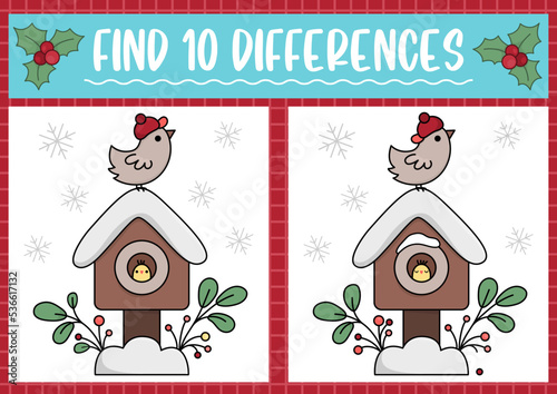 Christmas find differences game for children. Attention skills activity with cute bird and birdhouse. New Year puzzle for kids with funny characters. Printable what is different worksheet.