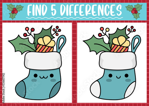 Christmas find differences game for children. Attention skills activity with cute stocking with present. New Year puzzle for kids with funny characters. Printable what is different worksheet.