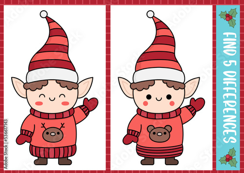 Christmas find differences game for children. Attention skills activity with cute elf in red hat. New Year puzzle for kids with funny characters. Printable what is different worksheet.