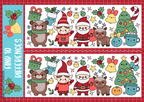 Christmas find differences game for children. Attention skills activity with cute Santa Claus, elf, deer, tree. New Year puzzle for kids with funny characters. Printable what is different worksheet.