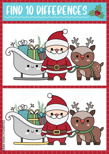 Christmas find differences game for children. Attention skills activity with cute Santa Claus, sledge, deer. New Year puzzle for kids with funny characters. Printable what is different worksheet.