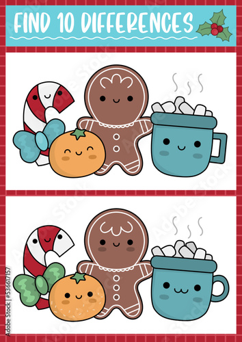 Christmas find differences game for children. Attention skills activity with cute orange, candy cane, gingerbread, cacao mug. New Year puzzle for kids. Printable what is different worksheet.