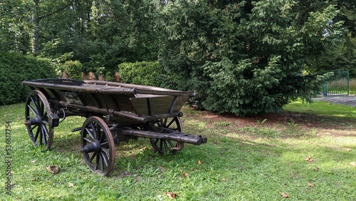 there is an old cart on a green meadow