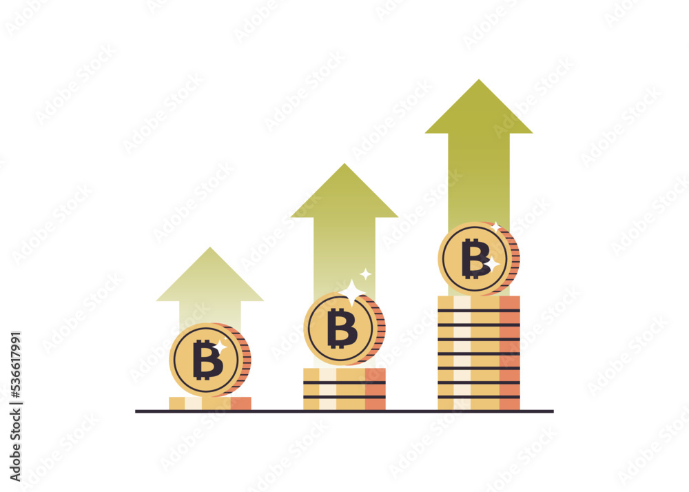 Coins growth with arrows and golden coins stack modern digital money crypto currency concept flat vector illustration. Coins growth with arrows and golden coins stack modern digital money crypto currency concept flat vector illustration.