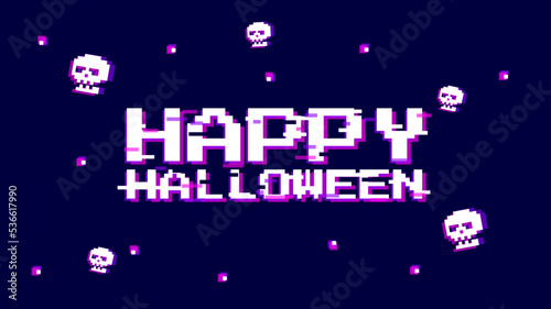 Happy halloween vector illustration. Rich violet background with halloween text and skulls in glich error style. Template banner for website, poster or stream.