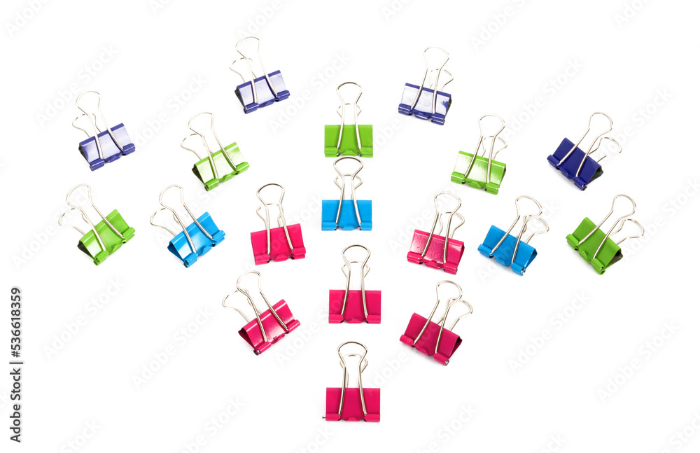 a set of multi-colored stationery clips on a white background a set of multi-colored stationery clips on a white background