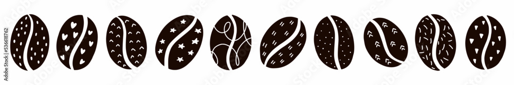 Obraz premium Horizontal collection of coffee beans hand-drawn in the style of a doodle