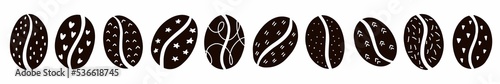Horizontal illustration of coffee beans with an ornament hand-drawn in the style of a doodle