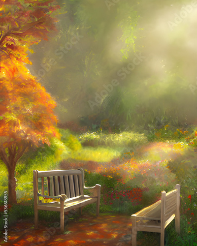 Fototapet A 3d digital rendering of an autumn garden with benches in the sunshine