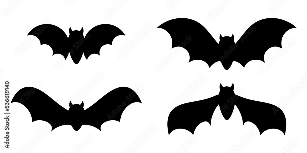 Vector set of bats. Black silhouette illustration isolated on white background. For halloween design, greeting card
