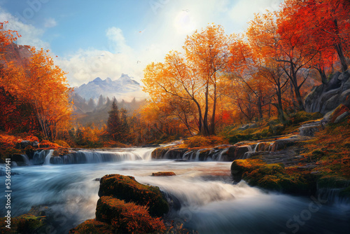 autumn landscape with river and forest