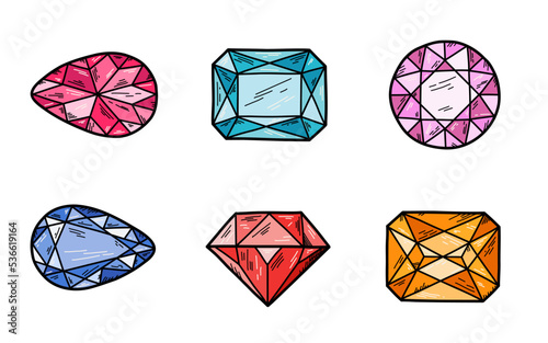 Doodle hand drawn gems. Colorful line art gem stones vector isolated set. Gem stones.