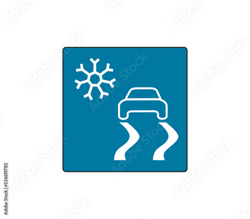 Car road slippery ground sign. Snowy weather information sign. Modern car sketch drawing. Editable line icon.