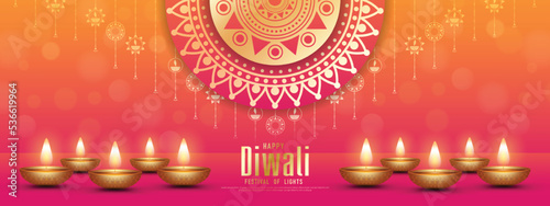 Happy Diwali - festival of lights colorful banner template design with decorative diya lamp. vector illustration.