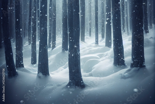 Winter forest, illustration of snowy woods