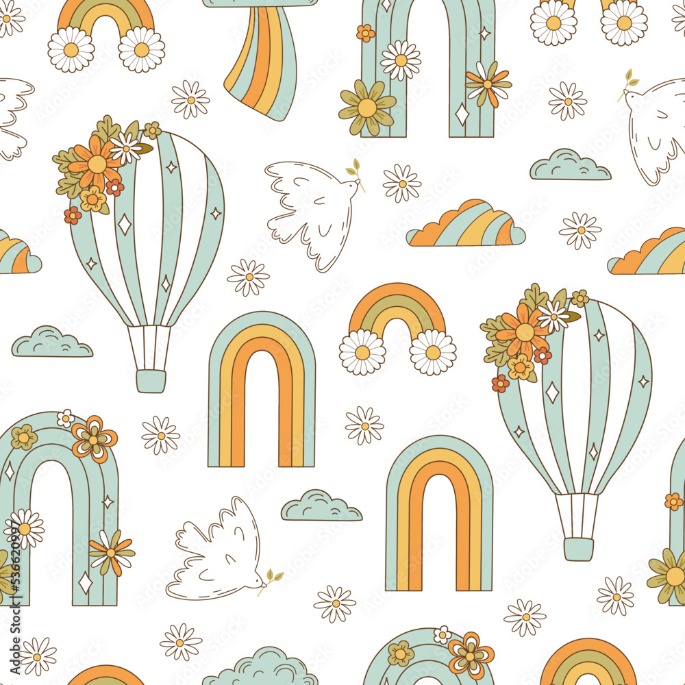 Seamless pattern retro 70s hippie. Psychedelic groove elements. Background with rainbow and dove in vintage style. Illustration with positive symbols for wallpaper, fabric, textiles. Vector Seamless pattern retro 70s hippie. Psychedelic groove elements. Background with rainbow and dove in vintage style. Illustration with positive symbols for wallpaper, fabric, textiles. Vector