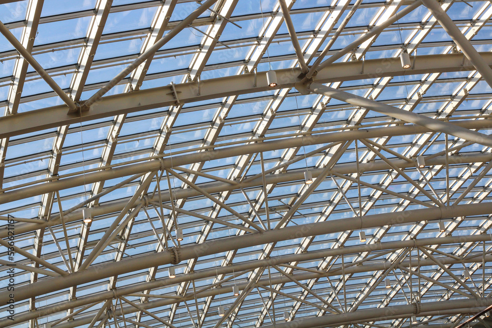 Element of a transparent dome. Glass and steel ceiling