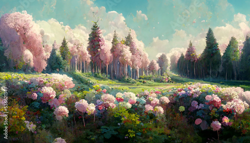 Beautiful happy forest with pink trees and flowers illustration