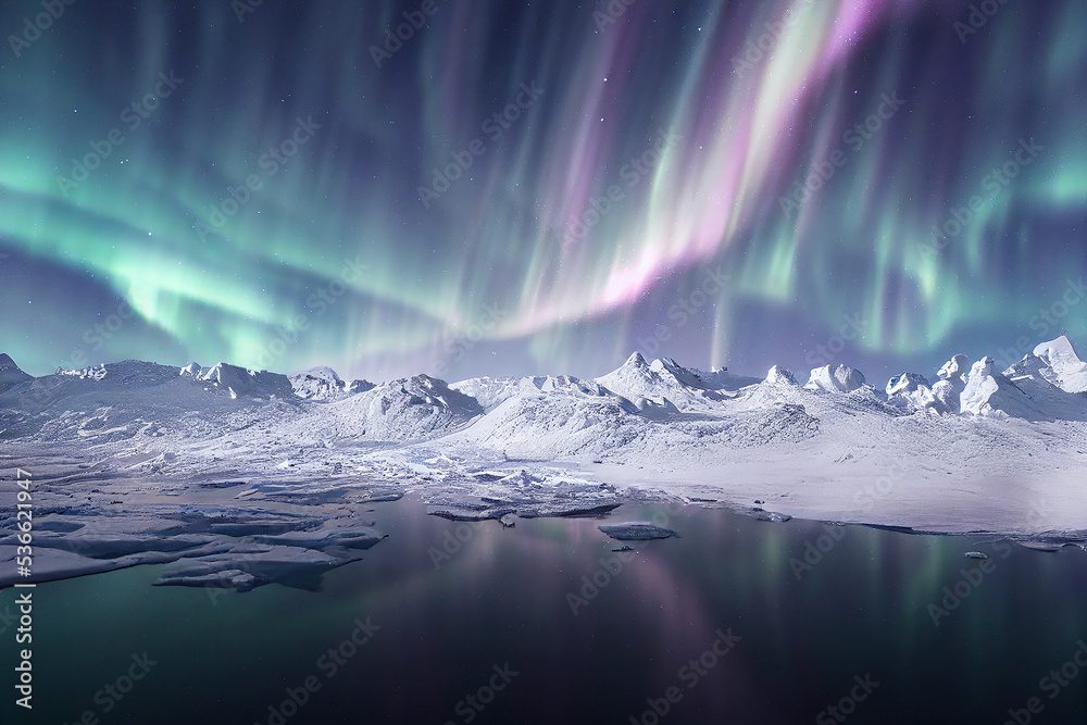 Beautiful Polar Landscape with Aurora Borealis 3D Artwork Spectacular Nature Background. Magnificent Northern Lights in Arctic Seascape Stunning Photo Scenery Wallpaper. Antarctic Sea Art Illustration