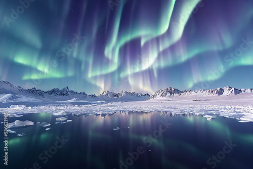 Beautiful Arctic Seascape with Aurora Borealis 3D Art Work Spectacular Nature Background. Magnificent Northern Lights in Polar Landscape Stunning Night Photo Wallpaper. Antarctic Sea Art Illustration