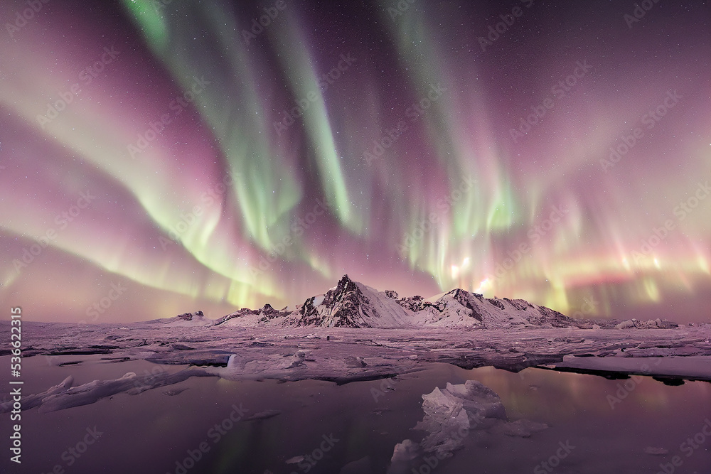 Polar Frozen Rocky Seascape with Impressive Aurora Borealis 3D Art Work Spectacular Nature Background. Incredible Northern Lights Above Arctic Mountains Stunning Night Photography Excellent Wallpaper