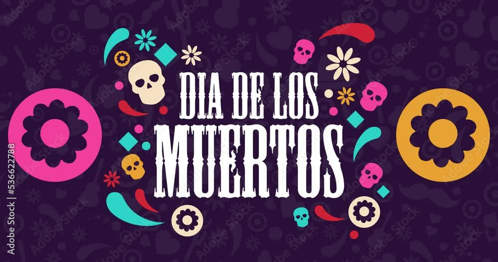 Inscription Day of the Dead in Spanish. Dia de los Muertos holiday concept. Flat holiday animation. Motion graphic design. Loop footage.