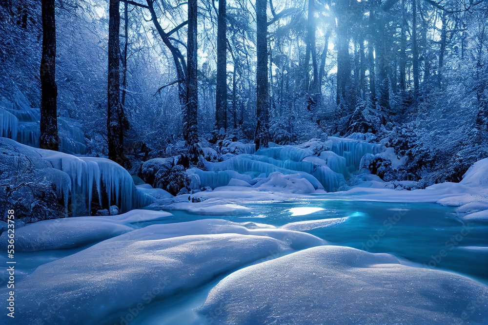 Winter Frozen Small Waterfall in Mystical Forest Thicket 3D Artwork