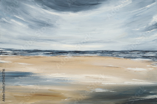 Sea, beach, clouds. Painting on canvas with oil paints