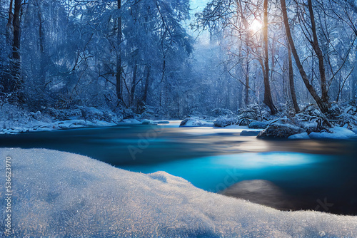 Wallpaper Mural Blue Calm Stream in Winter Fairytale Forest 3D Artwork Spectacular Nature Landscape Background. Freezing Small River In Depths of the Snowy Woodlands Stunning Photo. Scenery Wallpaper Art Illustration Torontodigital.ca