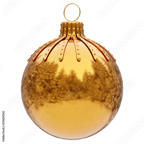 golden christmas ball isolated. wintertime snow forest reflection. happy new year decoration bauble custom design