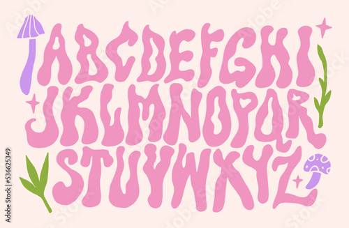 Hippie bohemian groovy postmodern funky font alphabet 1960s boho psychedelic style. Perfect for posters, collages, clothing, music albums and more. Vector clipart illustrations, isolated letters.