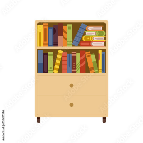 Wooden chest of drawers with books on the shelves isolated on white background.