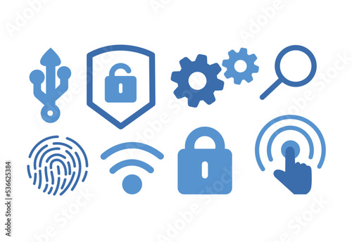 Security system network, burglar alarm. Flat icons. Guard, protection, fingerprint, CCTV, VPN, monitoring, safety, or control concepts. Vector interactive illustration