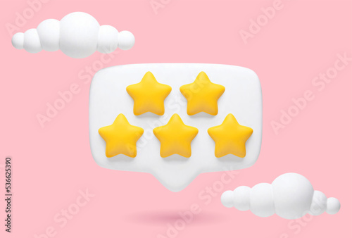 Vector 3d realistic illustration of 5-star feedback, evaluation of a product or service on a pink background with clouds