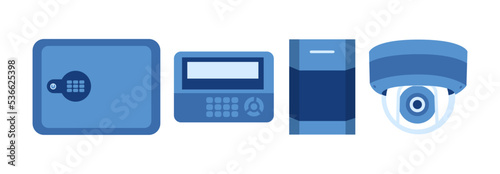 Security system network, burglar alarm. Flat icons. Guard, protection, fingerprint, CCTV, VPN, monitoring, safety, or control concepts. Vector interactive illustration