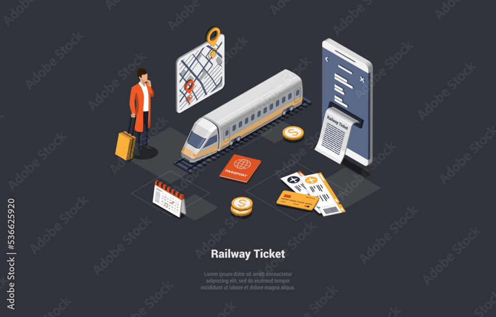 Online Buying Railway Tickets Mobile App, Traveling by Train Concept. Man Passenger Buying Tickets And Going On Trip. Character At Railway With Train and Platform. Isometric 3d Vector Illustration
