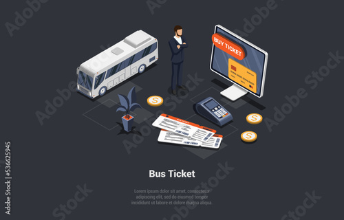 Online Tickets Buy App And Public Transport Concept. Man Male Character Waiting for Bus, Buying Tickets Online On City Bus On Bus Stop. City Bus Schedule. Isometric Cartoon 3d Vector Illustration
