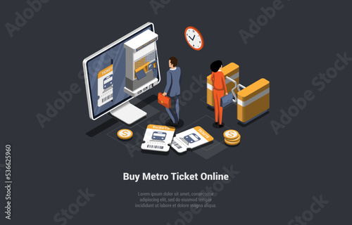 Metro Ticket Online Buying Concept. Passenger Is Buying Ticket At Automat Or Ticket Machine Vending. Woman At Subway Gate Automatic Checkpoint Entering Underground. Isometric 3d Vector Illustration
