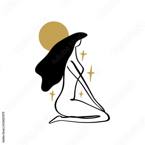 Divine celestial goddess vector clipart illustration, boho sacred magic woman, freedom mystical symbol. Flat holistic healing meditation Reiki New Age concept. Modern abstract silhouette. Hippie