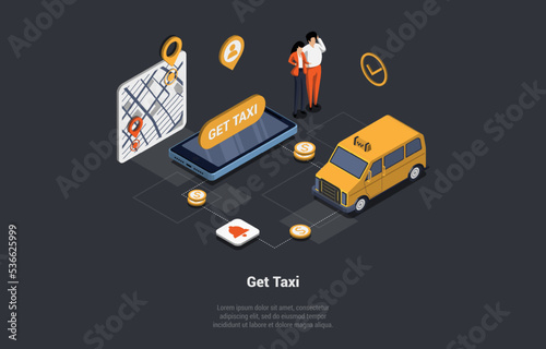 Mobile Phone With Taxi Mobile App. Mobile Taxi Order Service. Family Waiting For Yellow Taxi Car Looking At GPS Route Point Pins on Smartphone Touchscreen. Isometric Cartoon 3d Vector Illustration © Intpro