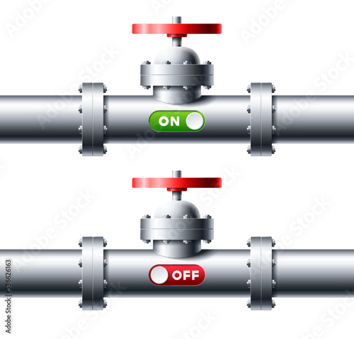 Metal pipelines set with red faucet, red button turn off and green slider turn on vector illustration