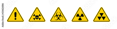 Set of warning signs with a skull, biohazard, radioactive and fallout symbols in yellow triangle sign vector illustration