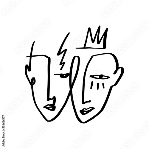 Simple hand drawn faces black and white trendy line portrait art. Abstract composition. Monochrome print for clothes, textile and other. Vector illustration. Good for posters, pillows, modern home